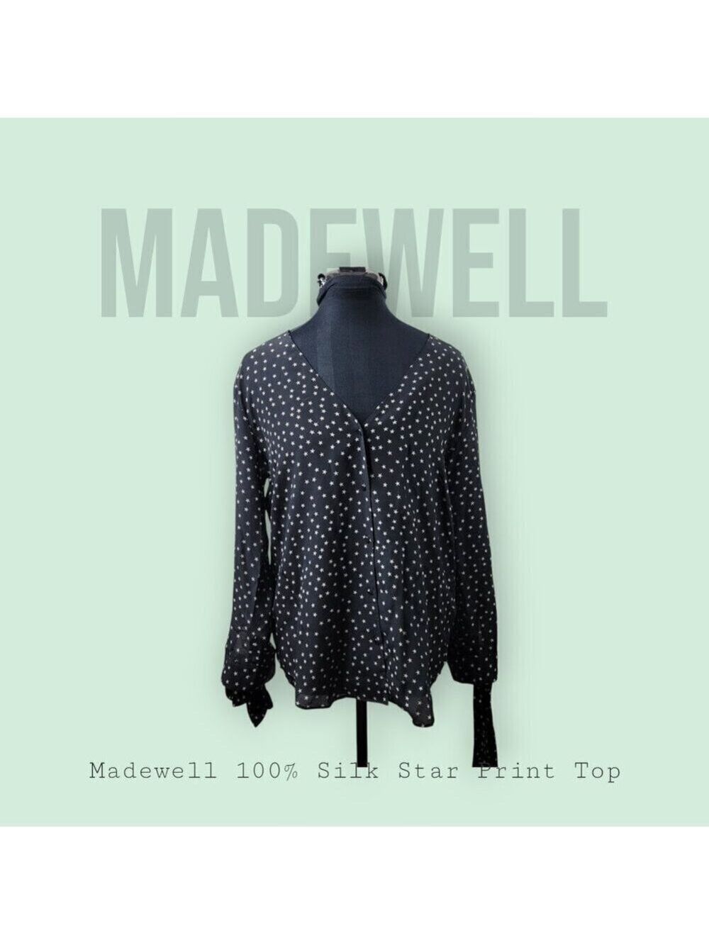 Madewell 100% Silk Star Print Blouse M Black White | Tie Sleeve, Button Front